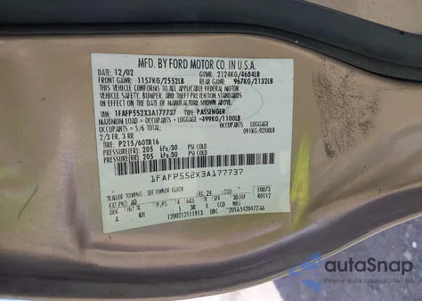 2003 Ford Taurus Ses из США, поврежденный, VIN 1FAFP552X3A177737